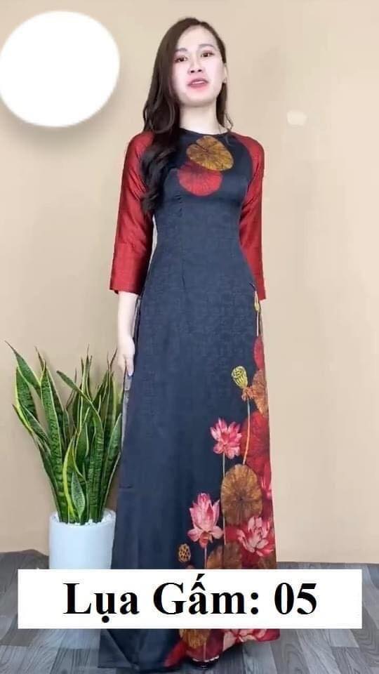 Bộ áo dài lụa gấm truyền thống cao cấp xanh than tay đỏ